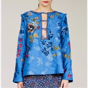 Elliette New Silk Penny Floral Embroidered Beaded Blouse French Designer Medium
